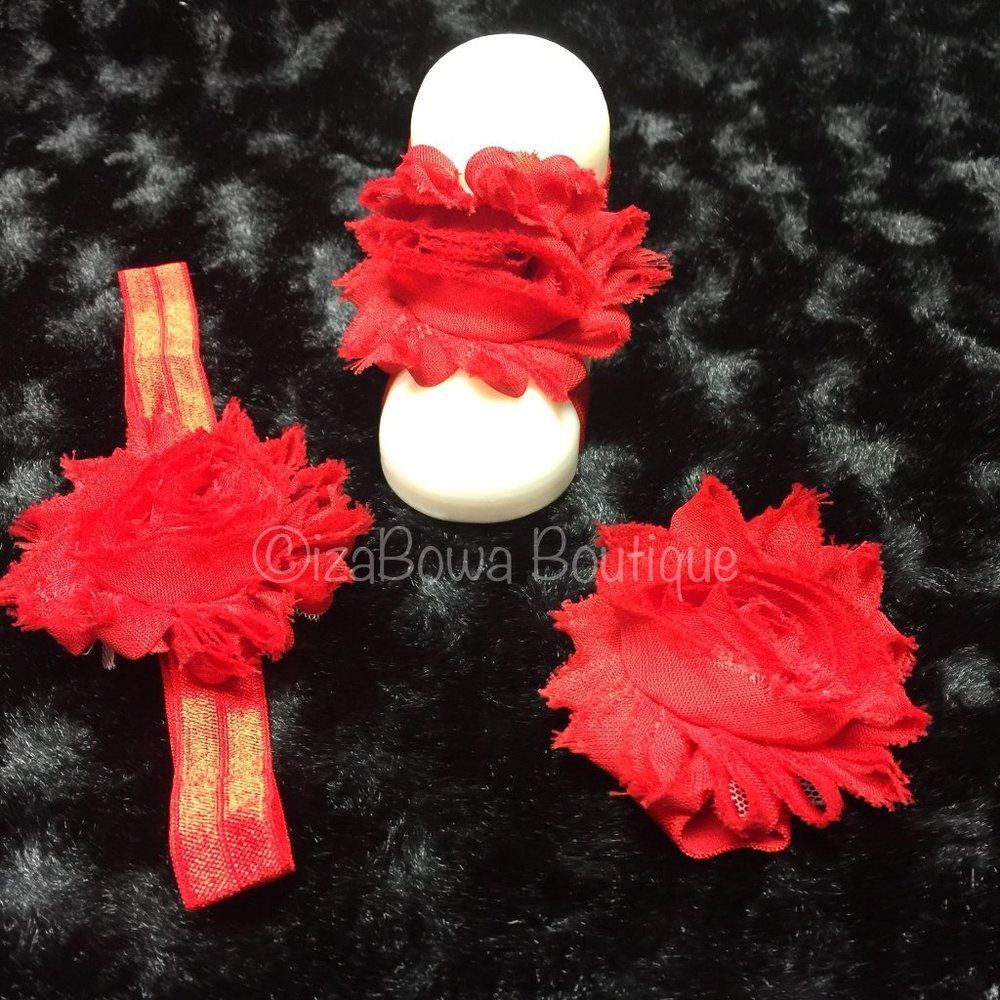 Red Shabby Flower Barefoot Sandal & Headband  BFS111  Handmade NWT Boutique